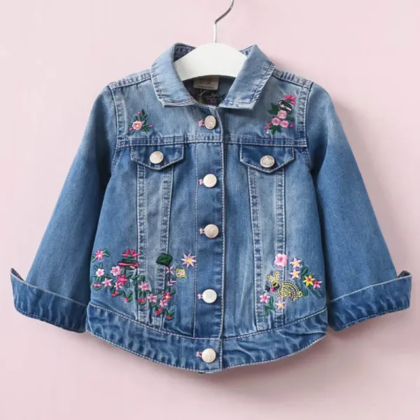 【2Y-9Y】Girls Casual Blue Denim Embroidered Jacket - Popopiestyle.com 