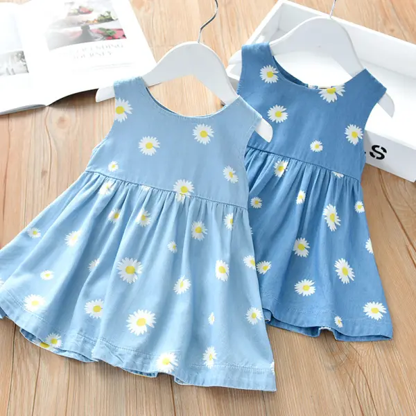 【18M-7Y】Girls Fashion Casual Daisy Full Print Sleeveless Dress - Popopiestyle.com 