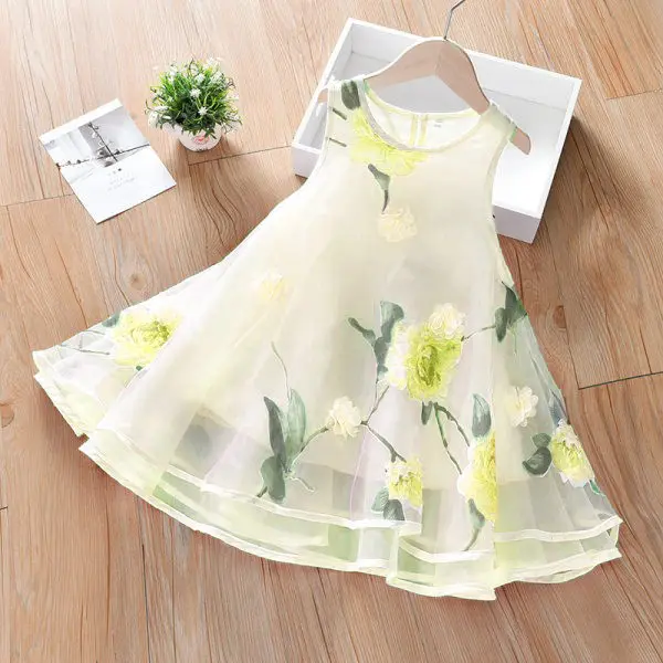 【4Y-13Y】Girls Fresh Sweet Flower Print Organza Sleeveless Dress - Popopiestyle.com 