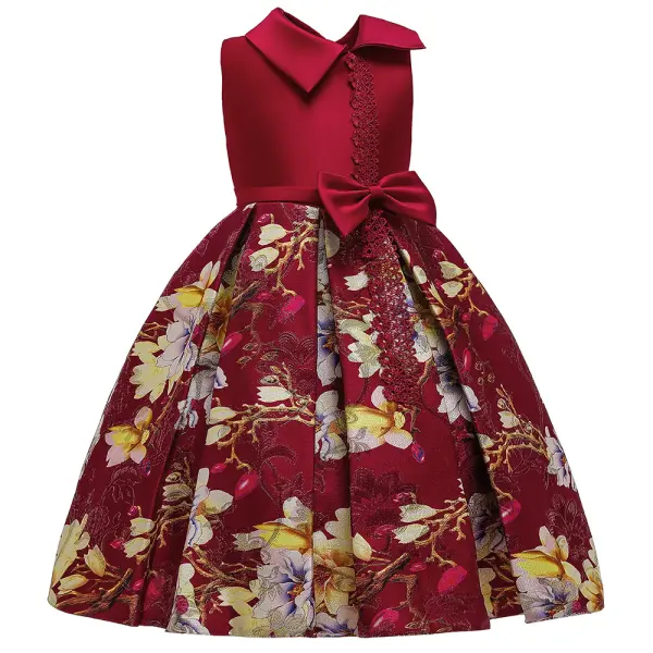 【2Y-9Y】Girls Sweet Flower Pattern Lapel Sleeveless Princess Dress - Popopiestyle.com 