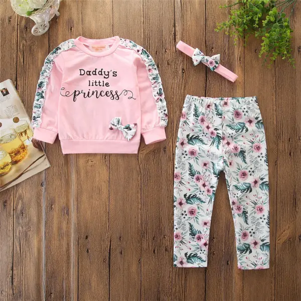 【6M-3Y】Letter Print Pink Sweatshirt And Flower Trousers Set With Headband - Popopiestyle.com 