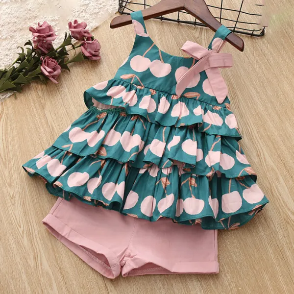 【18M-7Y】Sweet Cherries Print Back Bow Top and Solid Color Shorts Set - Popopiestyle.com 