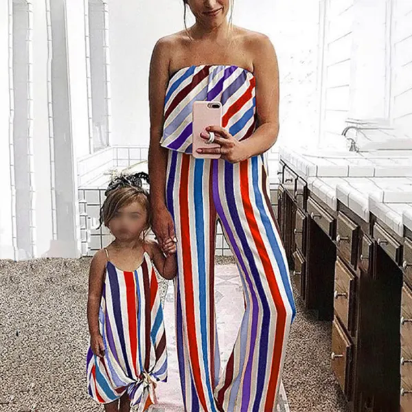 Off The Shoulder Stripe Mom Girl Matching Jumpsuit - Popopiestyle.com 