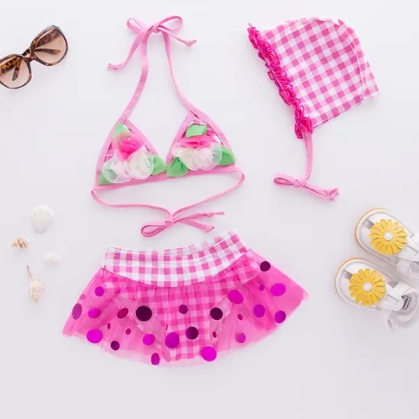 【18M-5Y】Girls Sweet Plaid Flower Sequins Mesh Split Bikini Swimsuit - Popopiestyle.com 