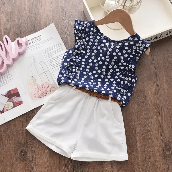 【2Y-9Y】Girl Sweet Blue Flower Pattern Ruffled Vest And White Shorts Set - Popopiestyle.com 