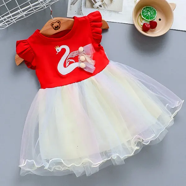 【12M-5Y】Girls Sweet Swan Embroidered Color Mesh Round Neck Short Sleeve Dress - Popopiestyle.com 