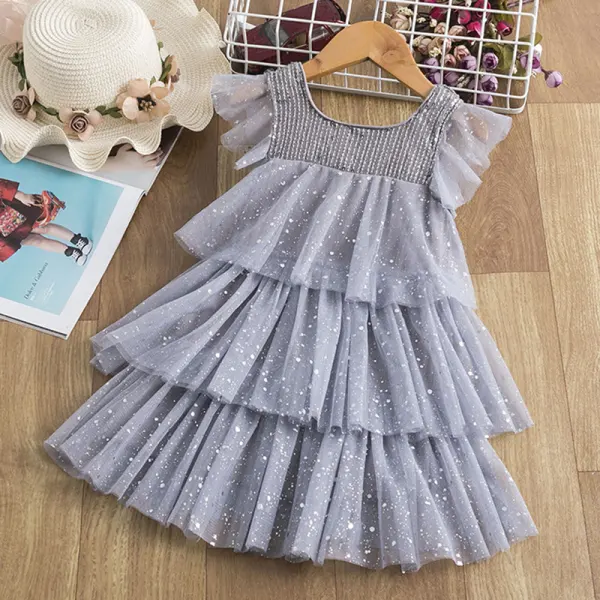 【2Y-9Y】Girl Sweet Grey Sequined Mesh Cake Dress - Popopiestyle.com 