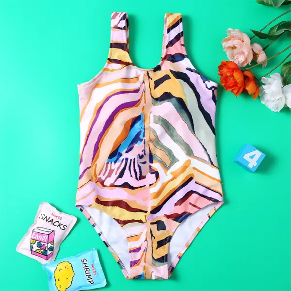 【6Y-13Y】Girls Sweet Brown Geometric Pattern One-piece Swimsuit - Popopiestyle.com 