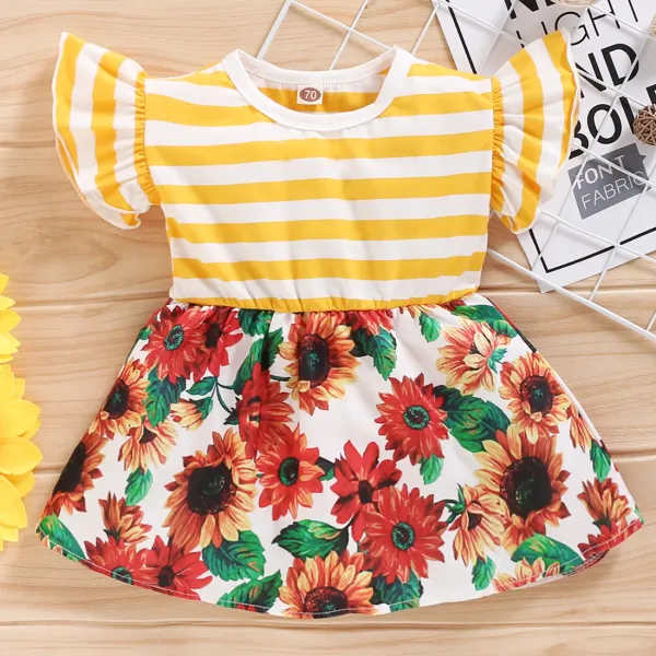 【6M-3Y】Cute Yellow Stripe And Flower Print Short Dress - Popopiestyle.com 