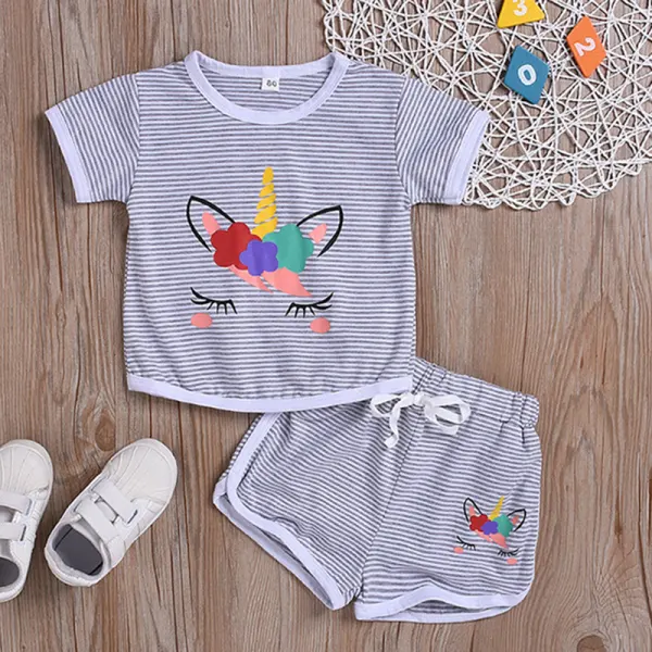 【12M-5Y】Girl Sweet Grey Striped Unicorn Print Short Sleeve T-shirt Shorts Set - Popopiestyle.com 