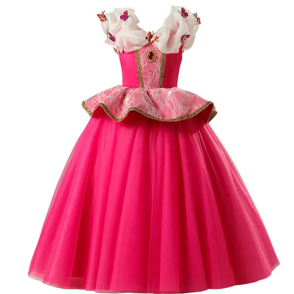 【3Y-11Y】Cute Butterfly V-Neck Sleeveless Rose Red Mesh Princess Dress - Popopiestyle.com 