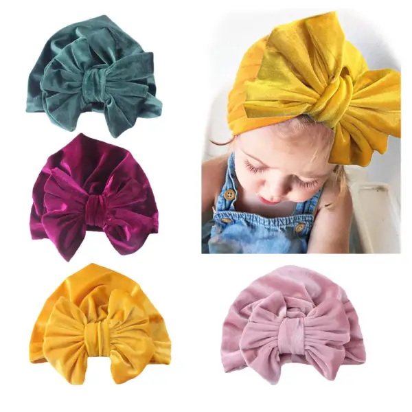 Baby Photo Souvenir Props Bow Gold Velvet Turban Hat - Popopiestyle.com 