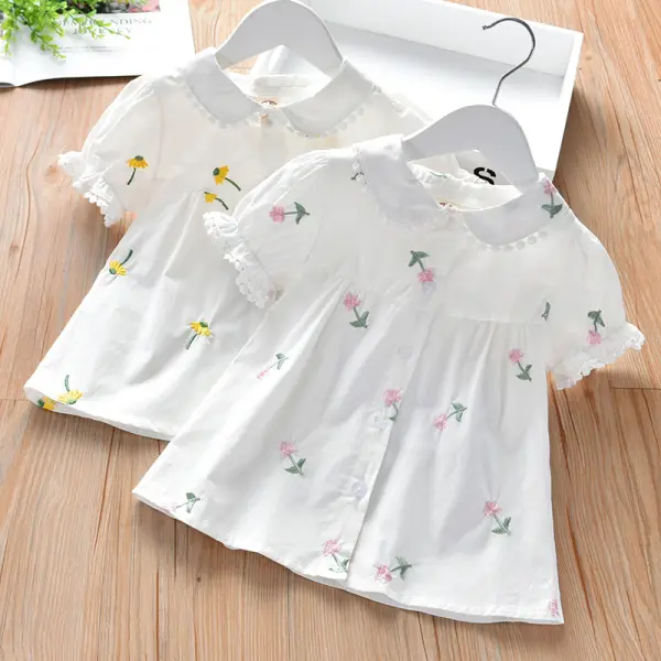 【2Y-9Y】Girls Flower Embroidery Doll Collar Short Sleeve Top - Popopiestyle.com 