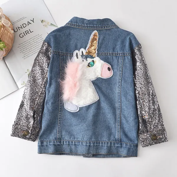 【2Y-9Y】Unicorn Embroidered Sequined Sleeve Denim Jacket - Popopiestyle.com 