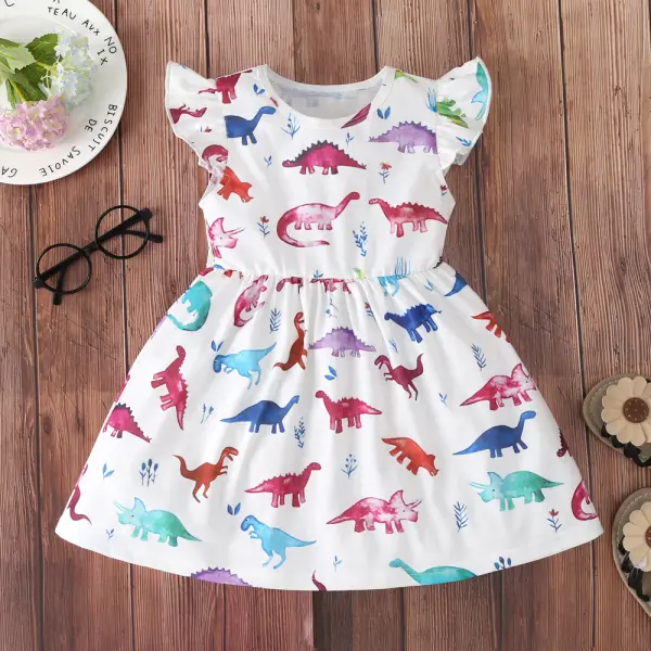 【18M-7Y】Girls Colorful Dinosaur Full-Print Flying Sleeve Dress - Popopiestyle.com 