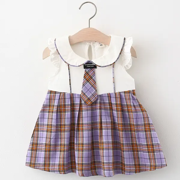 【12M-5Y】Girls Cute Doll Collar College Style Plaid Sleeveless Dress - Popopiestyle.com 