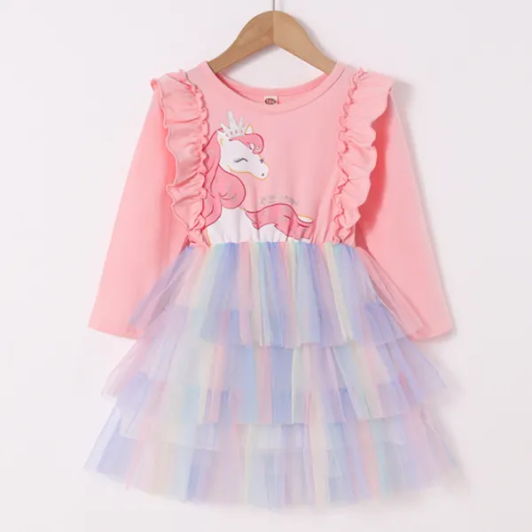 【18M-7Y】Girls Sweet Pink Unicorn Print Round Neck Long Sleeve Mesh Cake Dress - Popopiestyle.com 