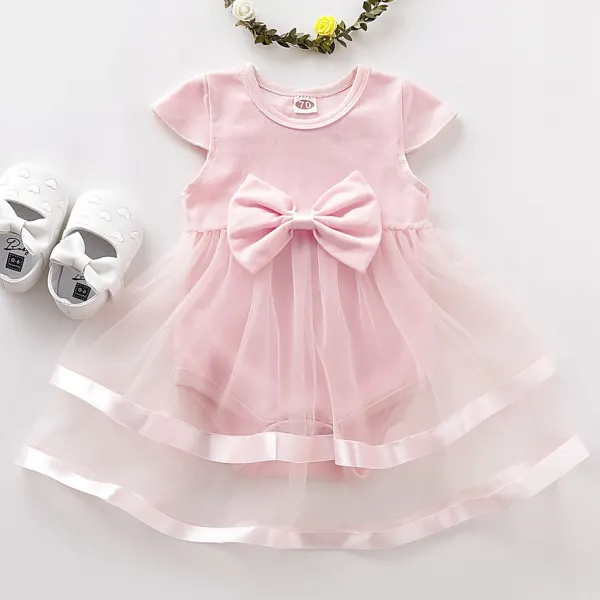 【6M-3Y】Sweet Bow Round Neck Short Sleeve Pink Romper - Popopiestyle.com 