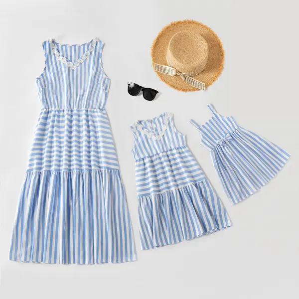 V-Neck Sleeveless Blue Striped Mom Girl Matching Dress - 1343 - Popopiestyle.com 