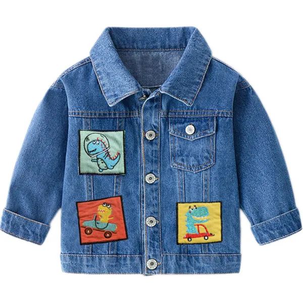 【18M-7Y】Boys Cartoon Dinosaur Patch Denim Jacket - Popopiestyle.com 