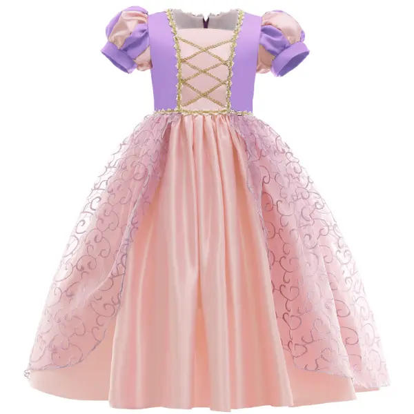 【2Y-11Y】Cute Square Neck Puff Sleeve Purple Long Princess Dress - Popopiestyle.com 