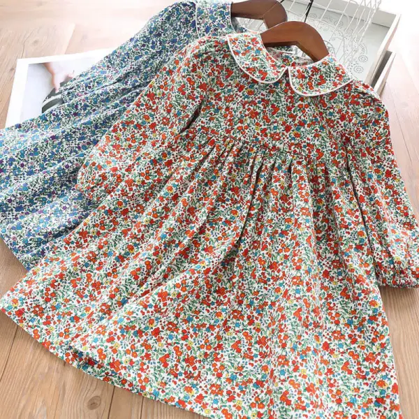 【2Y-9Y】Girls Floral Lapel Long Sleeve Dress - Popopiestyle.com 