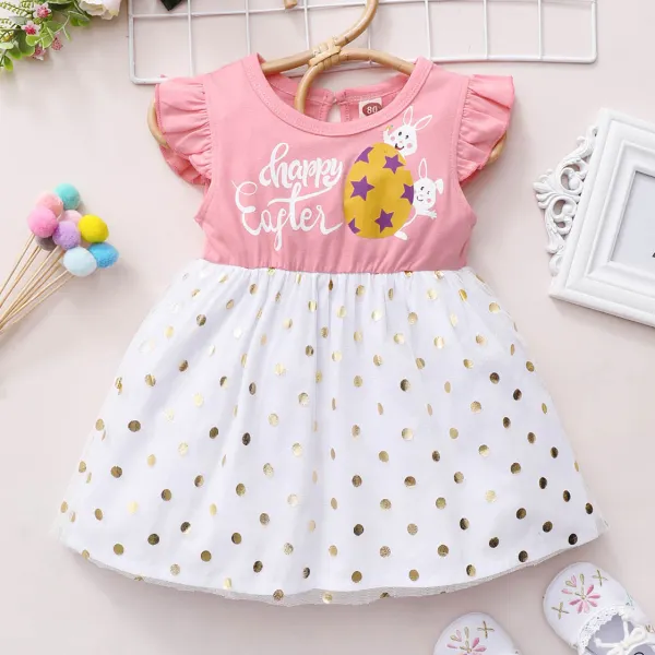 【6M-3Y】Cute Letters and Polka Dot Print Round Neck Short Sleeve Dress - Popopiestyle.com 