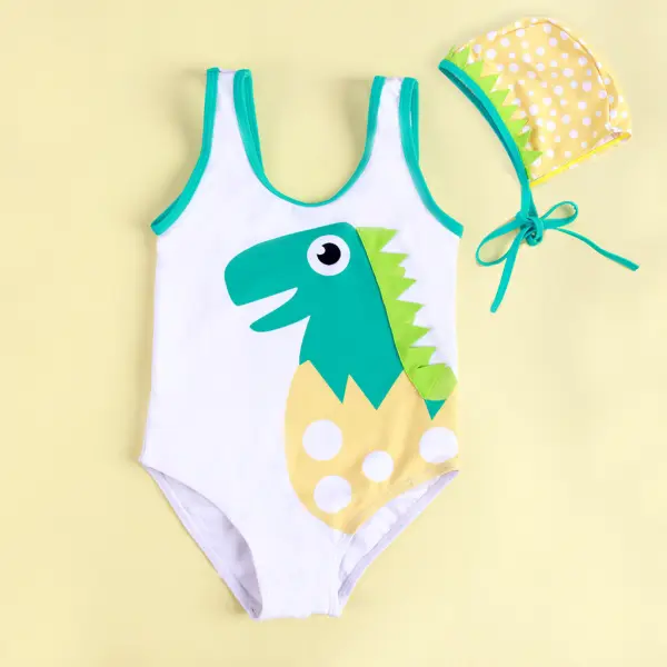 【12M-5Y】Girls Sweet White Dinosaur Pattern One-piece Swimsuit With Hat - Popopiestyle.com 