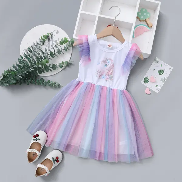 【18M-7Y】Girls Sweet Unicorn Print Ruffled Mesh Dress - Popopiestyle.com 