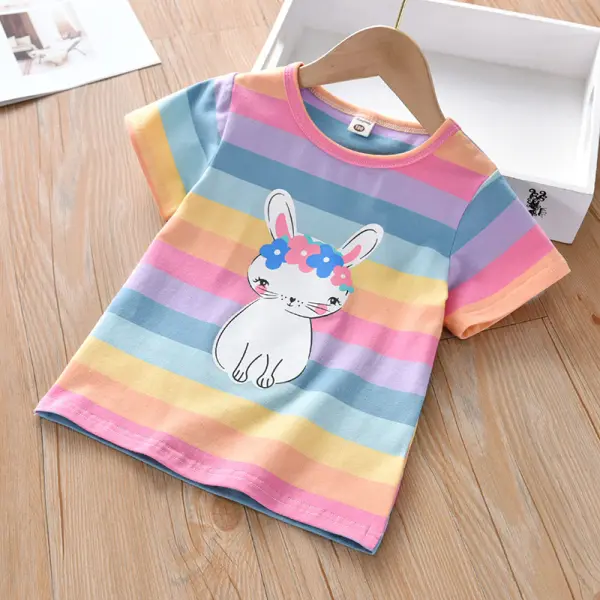 【18M-9Y】Girls Cartoon Rabbit Color Striped Short Sleeve T-Shirt - Popopiestyle.com 