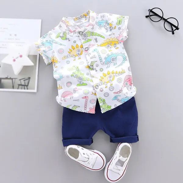 【12M-4Y】Boys Casual Stand Collar Cartoon Shirt Short Sleeve Shorts Two-Piece Sets - Popopiestyle.com 