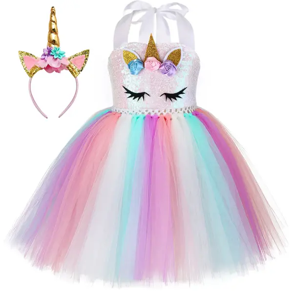 【12M-7Y】Girl Sweet Unicorn Sequin Rainbow Mesh Princess Dress With Hair Accessories - Popopiestyle.com 