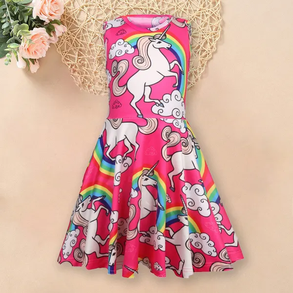 【3Y-11Y】Unicorn Print Round Neck Sleeveless Dress - Popopiestyle.com 