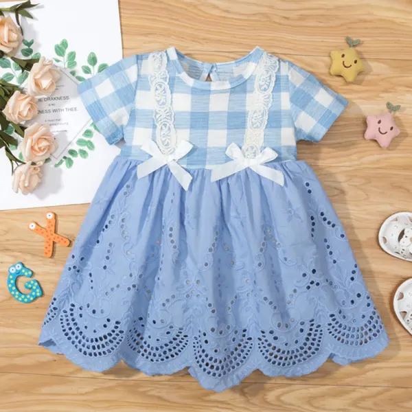 【3M-18M】Baby Girl Blue Plaid Lace Embroidered Short Sleeve Dress - Popopiestyle.com 