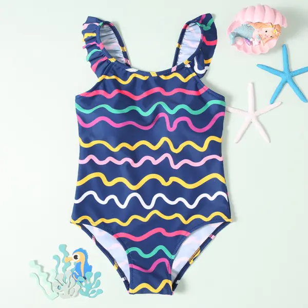 【6Y-13Y】Girls Sweet Navy Blue Color Striped One-piece Swimsuit - Popopiestyle.com 