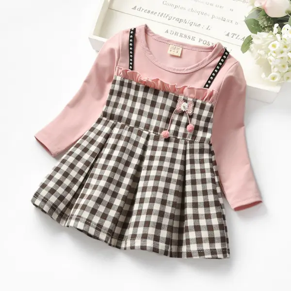 【6M-7Y】Girls Plaid Stitching Fake Two-Piece Long Sleeved Dress - Popopiestyle.com 