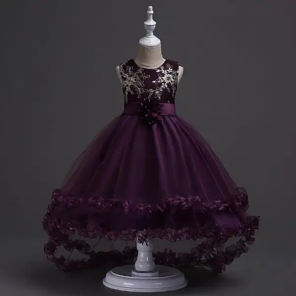 【3Y-11Y】Embroidered Flowers Layered Tulle Trailing Princess Dress - Popopiestyle.com 