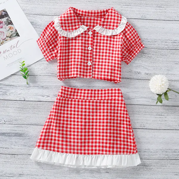 【18M-7Y】Sweet Red Plaid Shirt And Skirt Set - Popopiestyle.com 