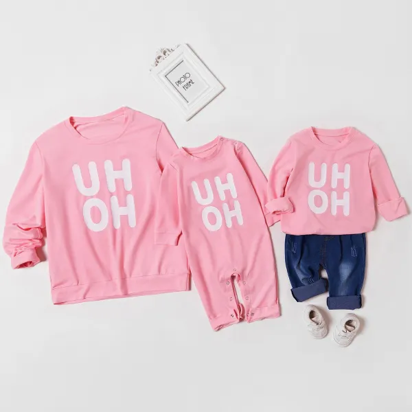 Long Sleeves Letter Printed Pink Mom Kids Matching Outfits - Popopiestyle.com 