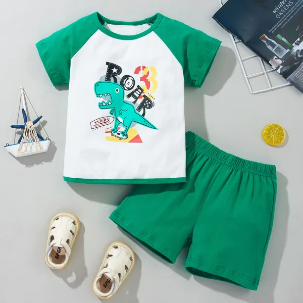 【18M-6Y】Casual Cartoon Printed Green T-shirt And Shorts Set - Popopiestyle.com 