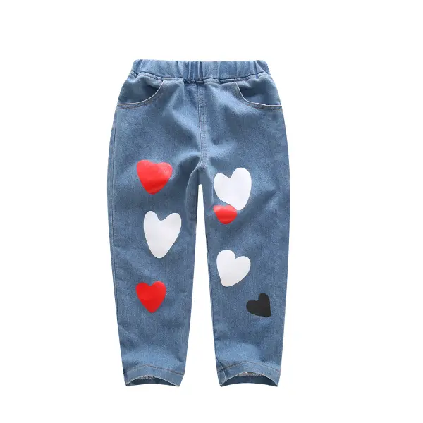 【2Y-8Y】Casual Cartoon Peach Heart Print Cotton Jeans - Popopiestyle.com 