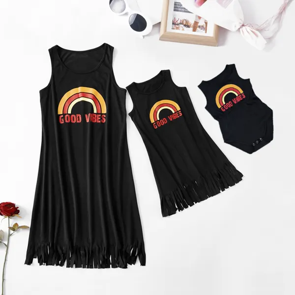 Round Neck Sleeveless Rainbow Printed Mom Girl Matching Dress - Popopiestyle.com 