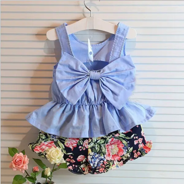 【2Y-9Y】Girls Back Bow Skirt And Floral Shorts Two-Piece Set - 3430 - Popopiestyle.com 