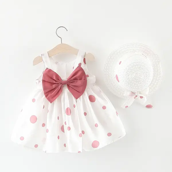 【6M-3Y】Girls Sweet Bow Polka Dot Sleeveless Dress - Popopiestyle.com 