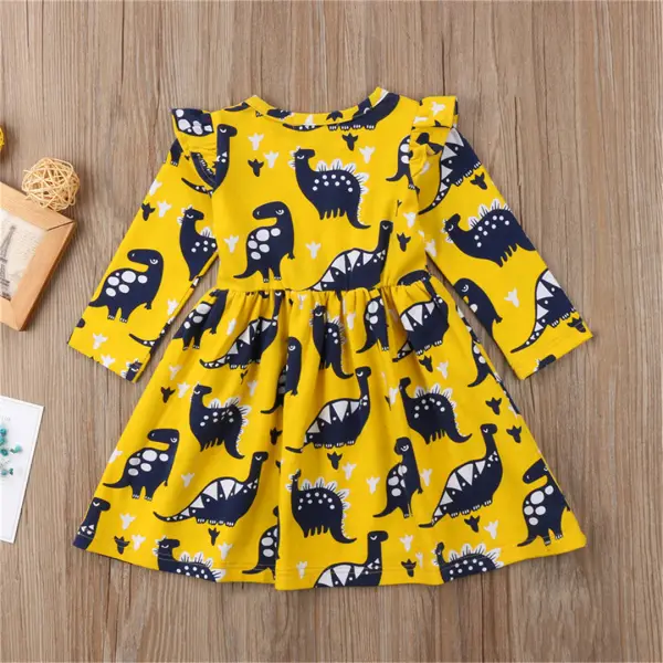 【12M-5Y】Girls Long Sleeve Cartoon Dinosaur Print Dress - Popopiestyle.com 