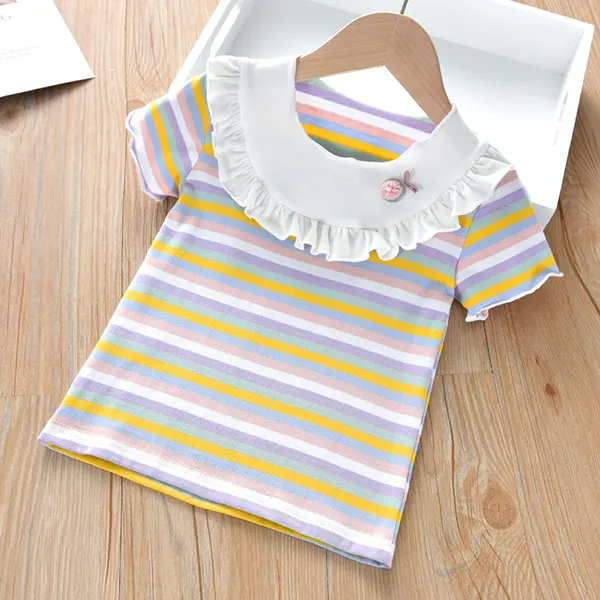 【18M-7Y】Girls Short Sleeve Round Neck Striped T-shirt Top With Wooden Ears - Popopiestyle.com 