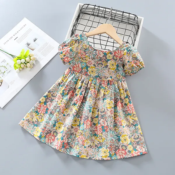 【18M-7Y】Girls Floral Back Ribbon Puff Sleeve Dress - Popopiestyle.com 
