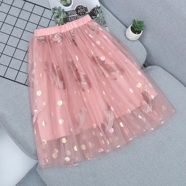 【3Y-13Y】Girls Sweet Feather Embroidered Mesh Skirt - Popopiestyle.com 