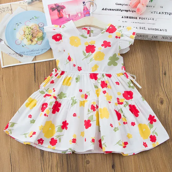 【12M-5Y】Sweet Floral Print Round Neck Short Sleeve Dress - Popopiestyle.com 