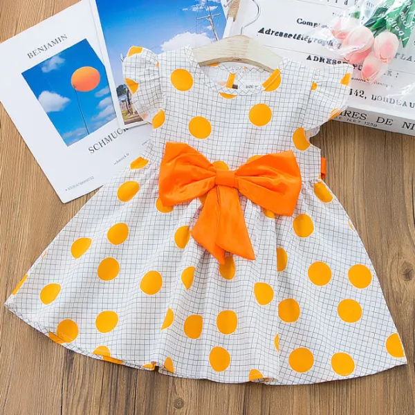 【12M-5Y】Sweet Polka Dot Print Round Neck Short Sleeve Bow Dress - Popopiestyle.com 